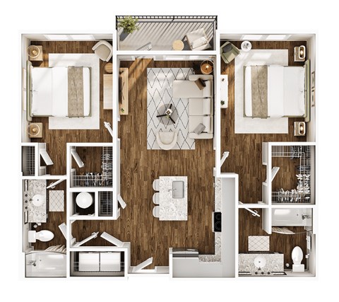 Floor plan for 2 beds, 2 baths, 1050 sqft